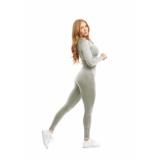 Flex Long-Sleeve Acid-Wash Crop Top in Blue