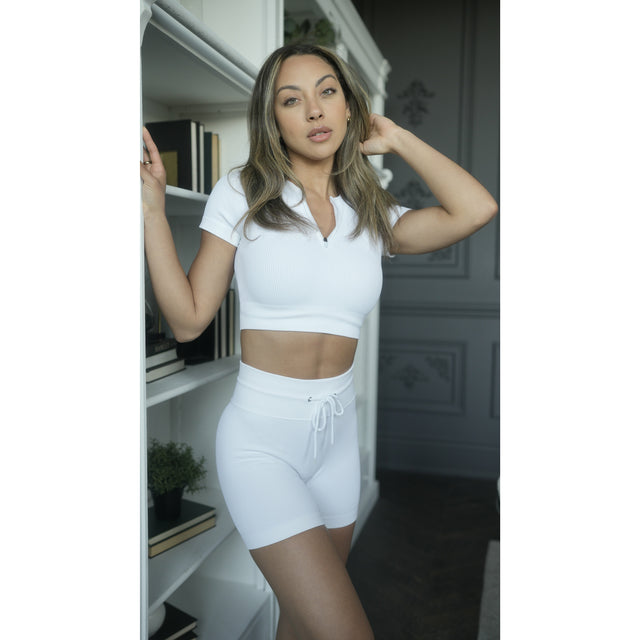 Victory Zip-Up Crop Top in White