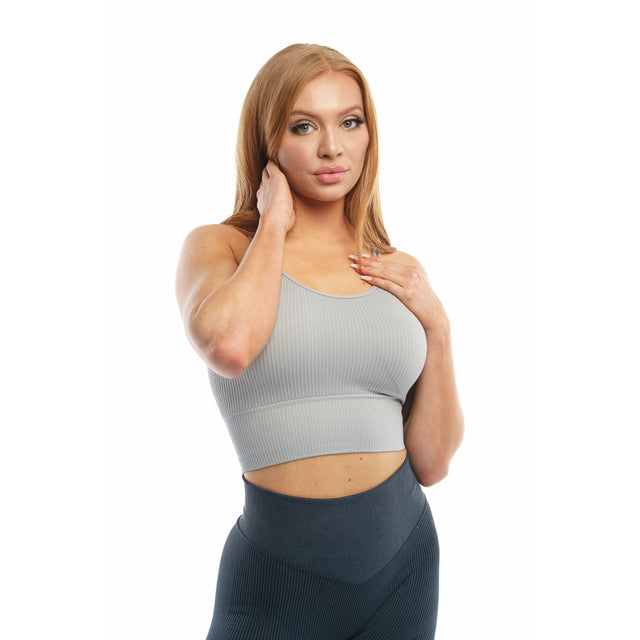 Incline Silver Ribbed Crop Top in Grey