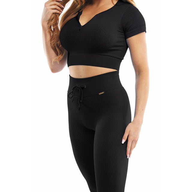 Victory Ribbed High-Waisted Leggings in Black